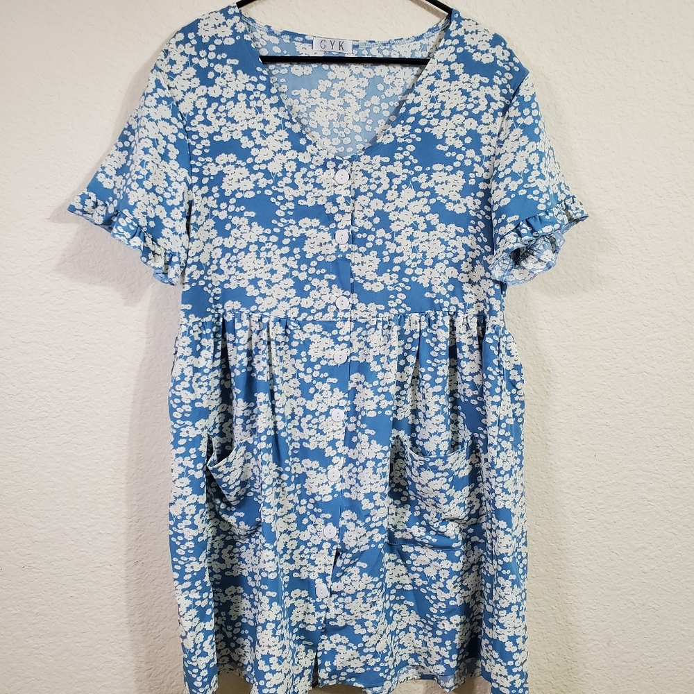 GYK Blue White Floral Button Front Short Sleeve Womens Country Dress Large Good